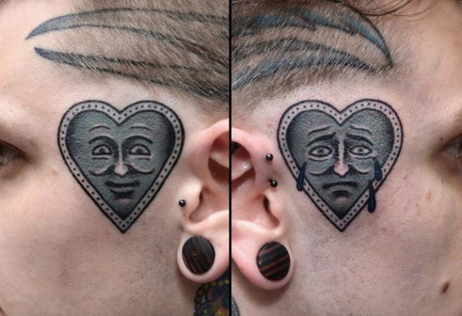 Hjerte tatovering på håndleddet, hånden, ansigtet, brystet. Skitse, betydning