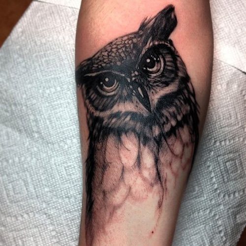 女孩手臂上的猫头鹰纹身。照片、意义、草图