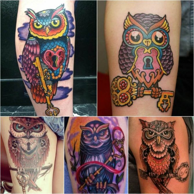 Tattoo of the Owl - Tattoo of an Owl with a Key - Tattoo of an Owl with a Key