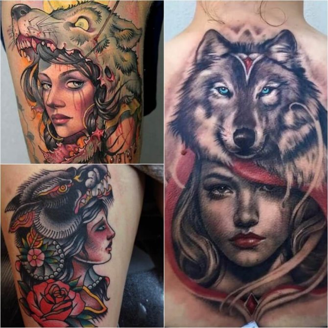 Tatuagem do lobo - Subtileza da tatuagem do lobo - Tatuagem da menina com o lobo na cabeça - Tatuagem da pele do lobo