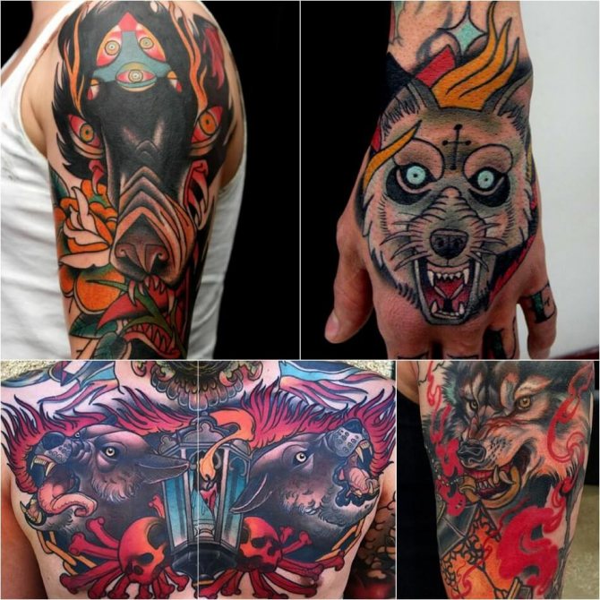 Tatuiruotė vilkas - Vilko tatuiruotės subtilumas - Tatuiruotė vilkas ant ugnies - Tatuiruotė vilkas su degančiomis akimis