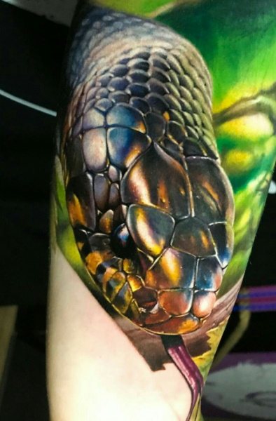 Slange-tatovering. Betydning for piger, mænd, slangetatovering, foto
