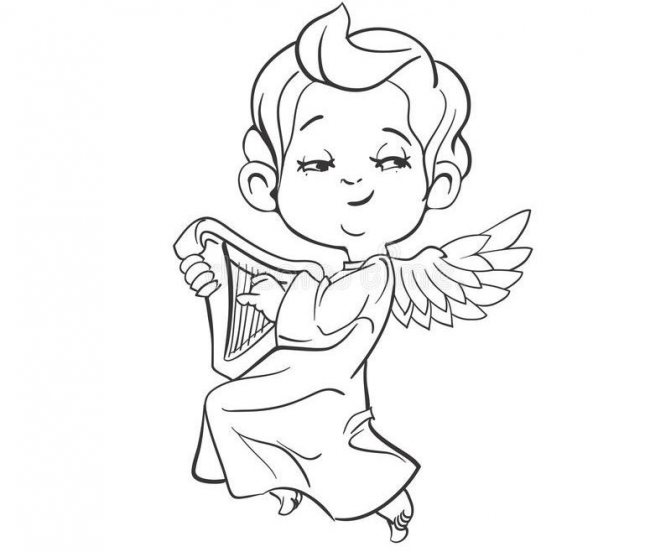 Татуировка с летящ ангел и музикален инструмент