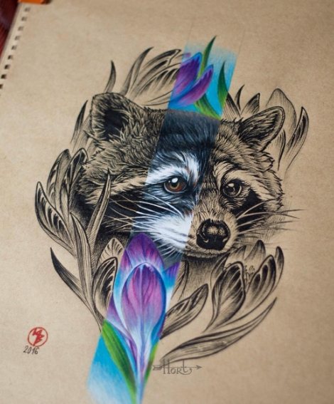 Tatoeage van een wasbeer op papier - schets