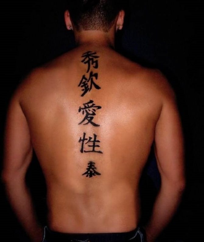 Tatoeage van tekens op mannelijke ruggengraat