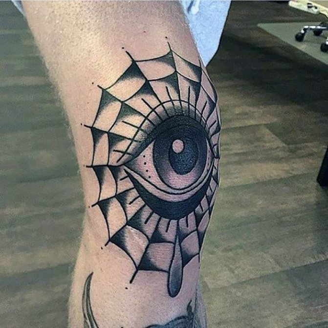 Tatuagem de uma teia de aranha com olho de trabalho negro numa perna