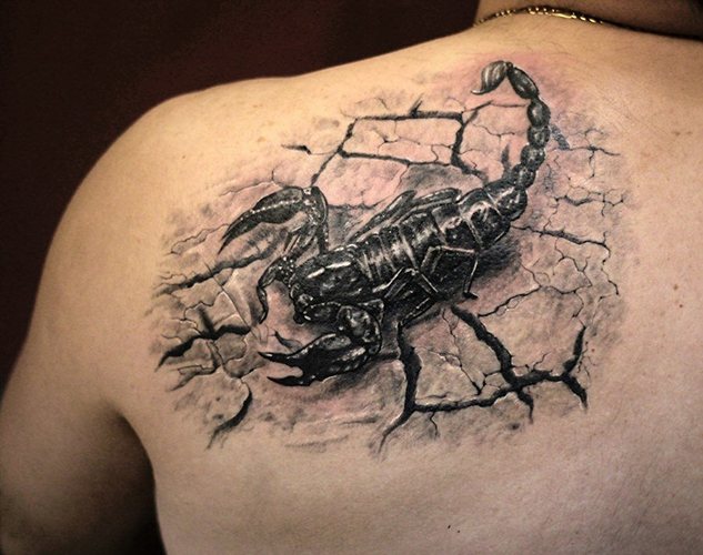 Skorpiono tatuiruotė. Ką jie reiškia, eskizas ant peties, rankos, kaklo, krūtinės