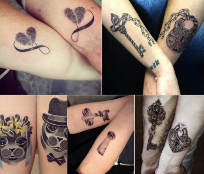 Τατουάζ σε δύο χέρια για κορίτσια, αρσενικό στο κενό, επιγραφές. Φωτογραφία