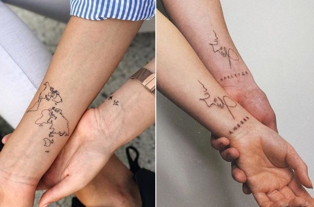Tatuoinnit kahdessa käsivarressa tytöille, uros kyynelillä, merkinnät. Kuva