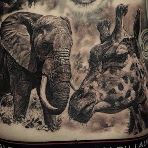 Tetovanie slona a žirafy