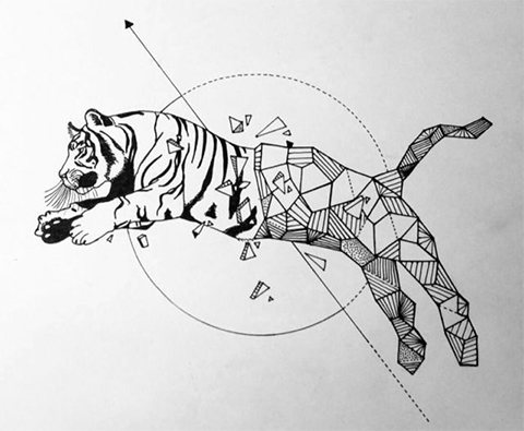 Tigru în geometrie - schiță de tatuaj