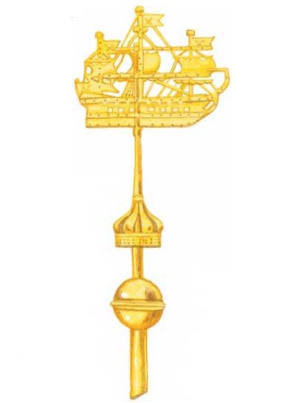 Een gouden boot met drie masten op een torenspits van de Admiraliteit