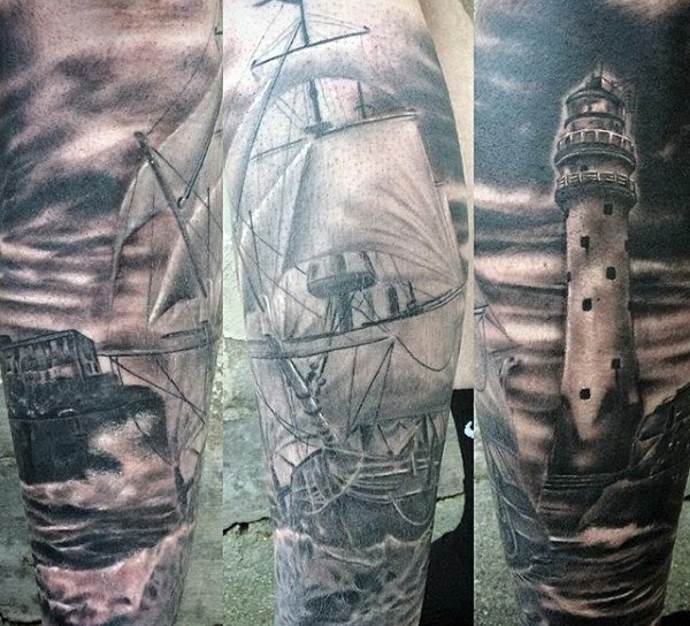 Drie hoeken vuurtoren en schip tattoo