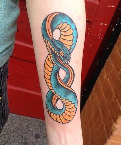 Ouroboros-tatovering. Skitse, dvs. rundt om armen, benet, håndleddet, på ryggen, nakken