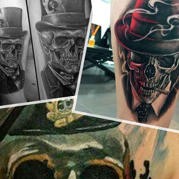 Tatuiruotės parinktys kaukolė skrybėlėje arba beretėje.
