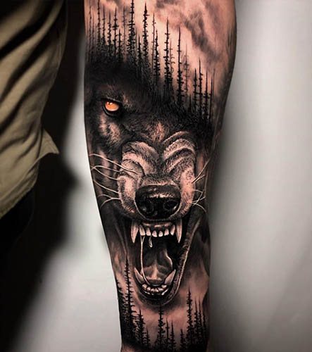 Tatuagem do sorriso do lobo. Foto, significando no ombro, antebraço, costas, braço