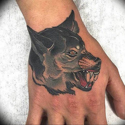 Tatuaggio del ghigno del lupo. Foto, significato sulla spalla, avambraccio, schiena, braccio