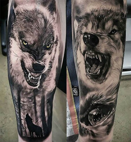 Tatuagem do sorriso do lobo. Foto, significando no ombro, antebraço, costas, braço