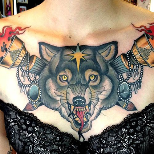 Wolfsgrinsen-Tattoo. Foto, Bedeutung auf der Schulter, dem Unterarm, dem Rücken, dem Arm