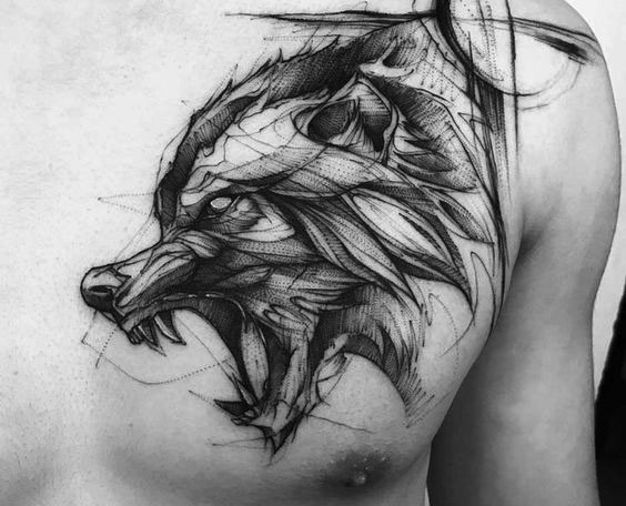 张嘴纹身的狼。图画的含义，照片