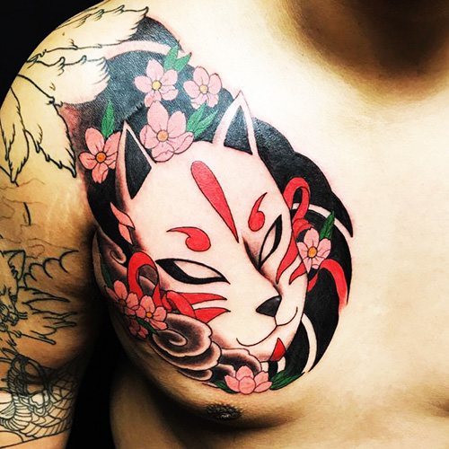 Masca de vulpe japoneză Kitsune tatuaj. Semnificație, schiță, fotografie