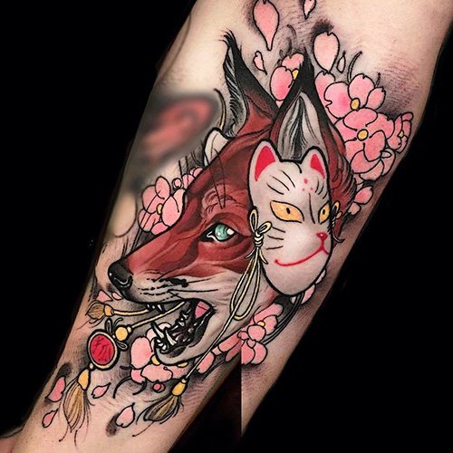Japonų lapės kaukė Kitsune tatuiruotė. Reikšmė, eskizas, nuotrauka