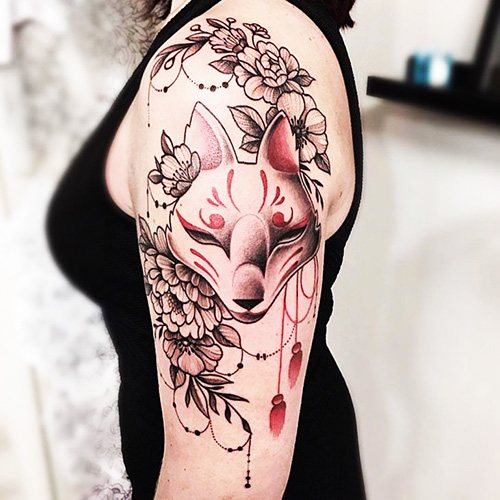Japonų lapės kaukė Kitsune tatuiruotė. Parašas, eskizas, nuotrauka