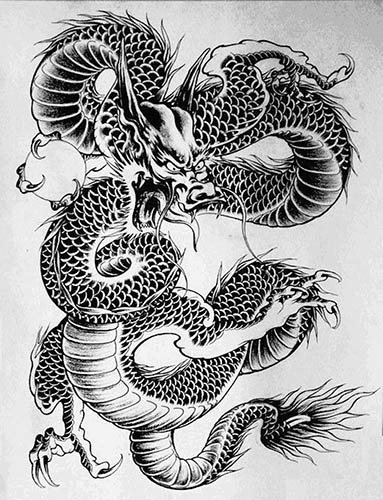 Ιαπωνικός δράκος. Σκίτσα ενός τατουάζ απλό, έγχρωμο, φωτογραφία, νόημα