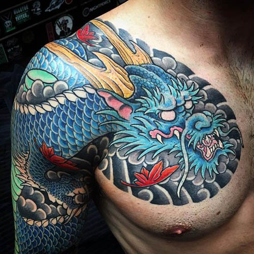 Ιαπωνικός δράκος. Σκίτσα τατουάζ απλό, έγχρωμο, φωτογραφία, νόημα
