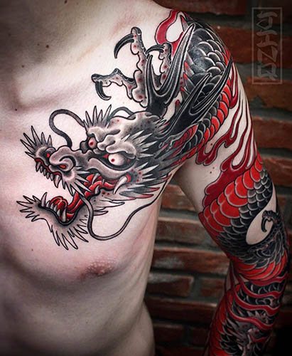 Drago giapponese. Schizzi di tatuaggio semplice a colori, foto, significato