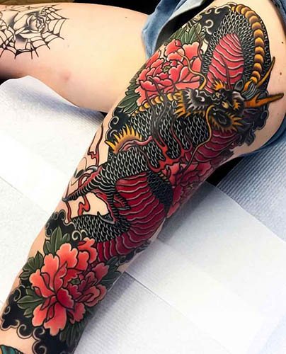 Ιαπωνικός δράκος. Σκίτσα τατουάζ απλά, έγχρωμα, φωτογραφία, νόημα