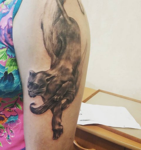 Női tetoválás egy párducról a vállán