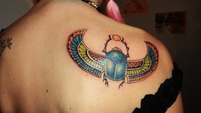 Skarabæ-tatovering. Betydning, skitser, fotos på ben, arme, håndled, ryg og nakke