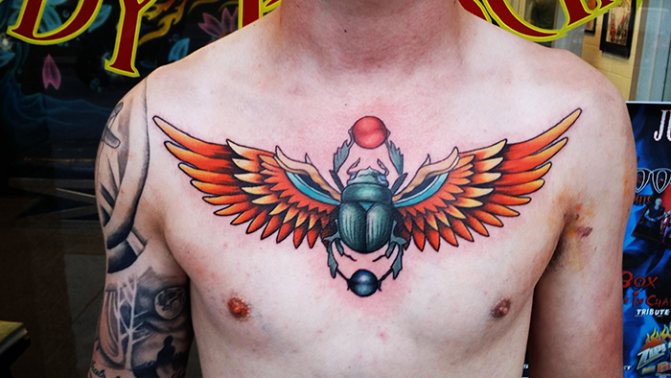 Tatuagem do escaravelho. Significado, esboços, fotos no pé, mão, pulso, costas, pescoço