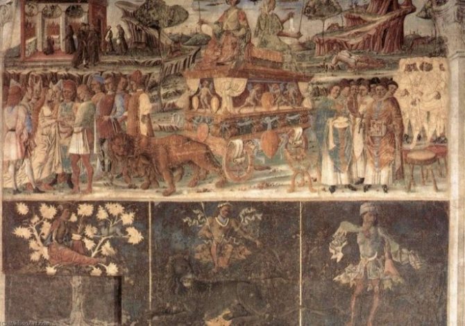Znamenie zverokruhu Lev. Freska F. del Cossa v Palazzo Sciphanoia, Ferrara, 15. storočie.