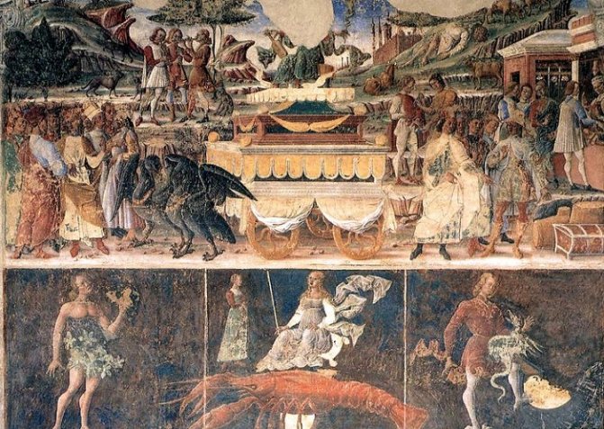 Teken van de dierenriem Kreeft. F. del Cossa fresco in het palazzo Sciphanoia, Ferrara, 15e eeuw.